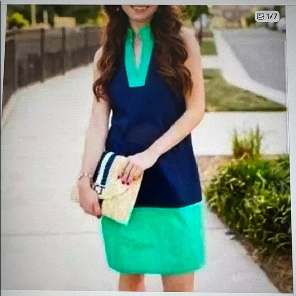 Sail To Sable Color Block Preppy Shift Dress Womens M collared Cotton blue/Green - Picture 3 of 10